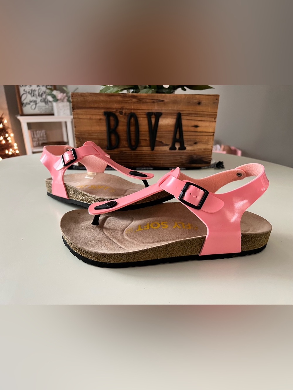 Pink Thong Sandals with Black Buckles
